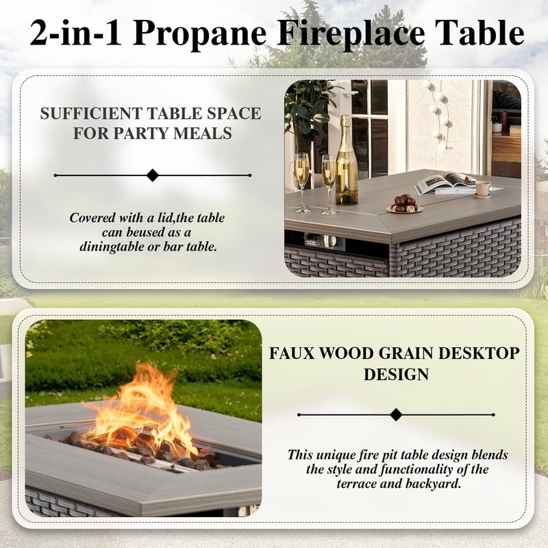 PARKWELL Outdoor Fire Pit 41" 50000 BTU Patio Propane Gas Fire Pit Table with Lava Rocks and Lid,Brown Wicker Firepit Faux Wood Tabletop