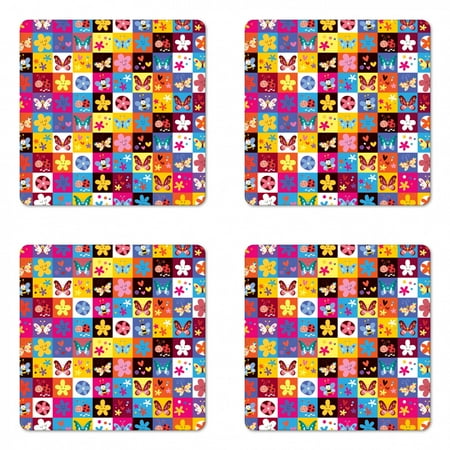 

Abstract Coaster Set of 4 Butterflies Beetles Flowers Bees Bugs Hearth Spring Hippie Season Image Square Hardboard Gloss Coasters Standard Size Multicolor by Ambesonne