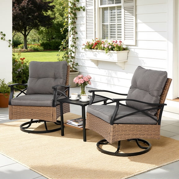 3 Piece Outdoor Bistro Swivel Chairs Set, Patio Bistro Set w/ 360° Swivel Rocking Chairs & Table, All-Weather Conversation Set with Metal Frame for Patio Backyard Porches or Garden - Gray