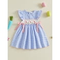 thumbnail image 5 of Toddler Baby Girl Easter Outfit Rabbit Embroidery Fly Sleeve Crewneck Smocked Dresses Bowknot Plaid A-line Dress Cute Summer Clothes 6M-5T, 5 of 10