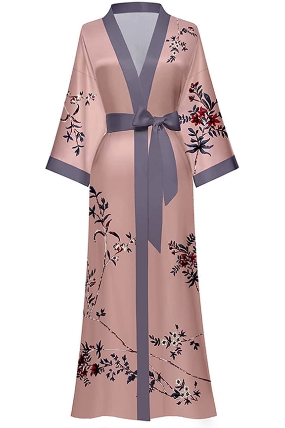 Long Silky Kimono Robes for Women Lightweight Silky Satin Floral Bathrobe Soft Cozy Ladies Housecoat Loungewear