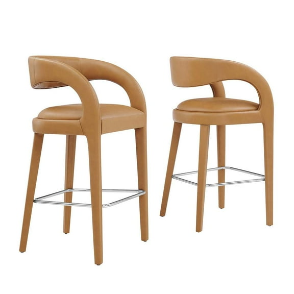 Modway Pinnacle Vegan Leather Bar Stool Set of Two in Tan Silver