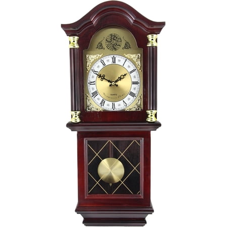 Traditional Wall Clock with Swinging Pendulum, Antique Mahogany Finish, Golden Accents, 4 Chime Options