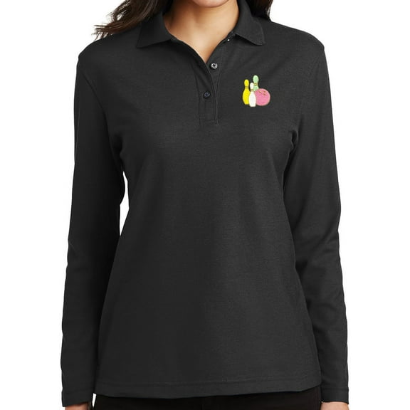Women's Pastel Bowling Pins Moisture-Wicking Long Sleeve Polo Shirt, Extra Small Black