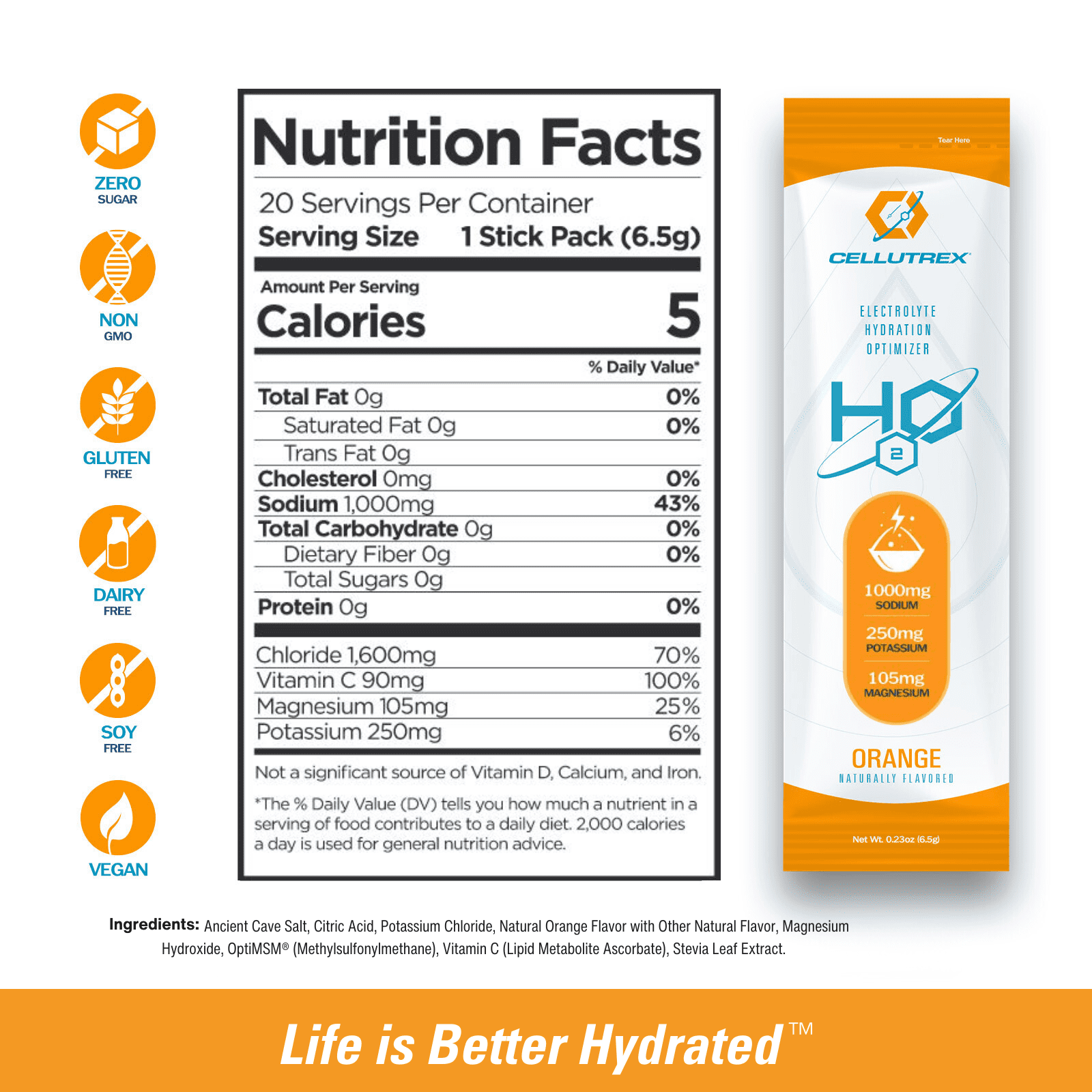Cellutrex H2O Orange Zero Sugar Hydration Packets, Additive-Free Electrolyte Drink Mix for Workouts, Fasting & More, Non-GMO, Easy Open Electrolytes Powder Packets No Sugar, 20 Sticks