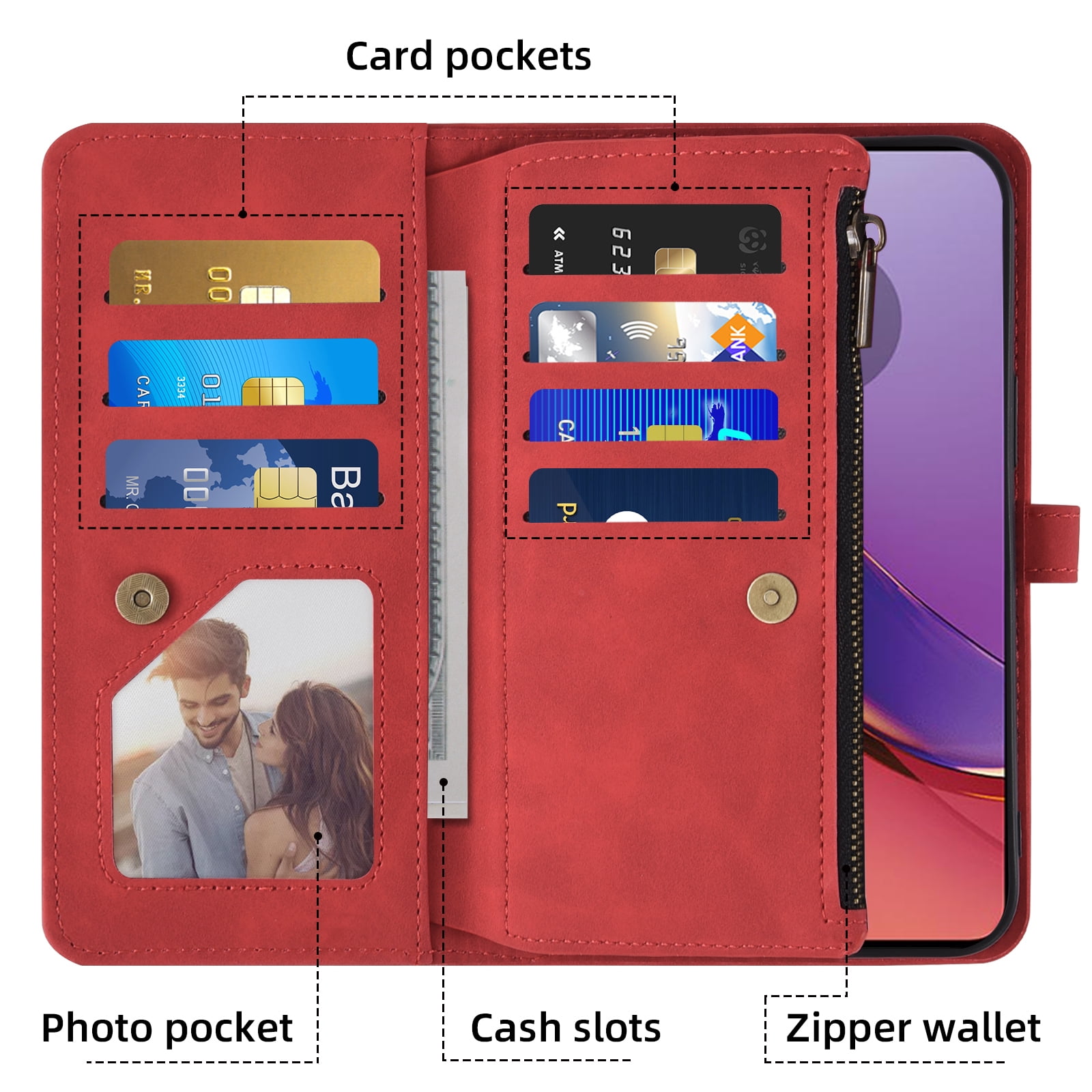 Asuwish Phone Case for Motorola Moto G84 5G Wallet Cover With Tempered Glass Screen Protector Crossbody Wrist Strap Flip Pattern Zipper Credit Card Holder Stand Slot Cell G 84 2023 Women Men Red