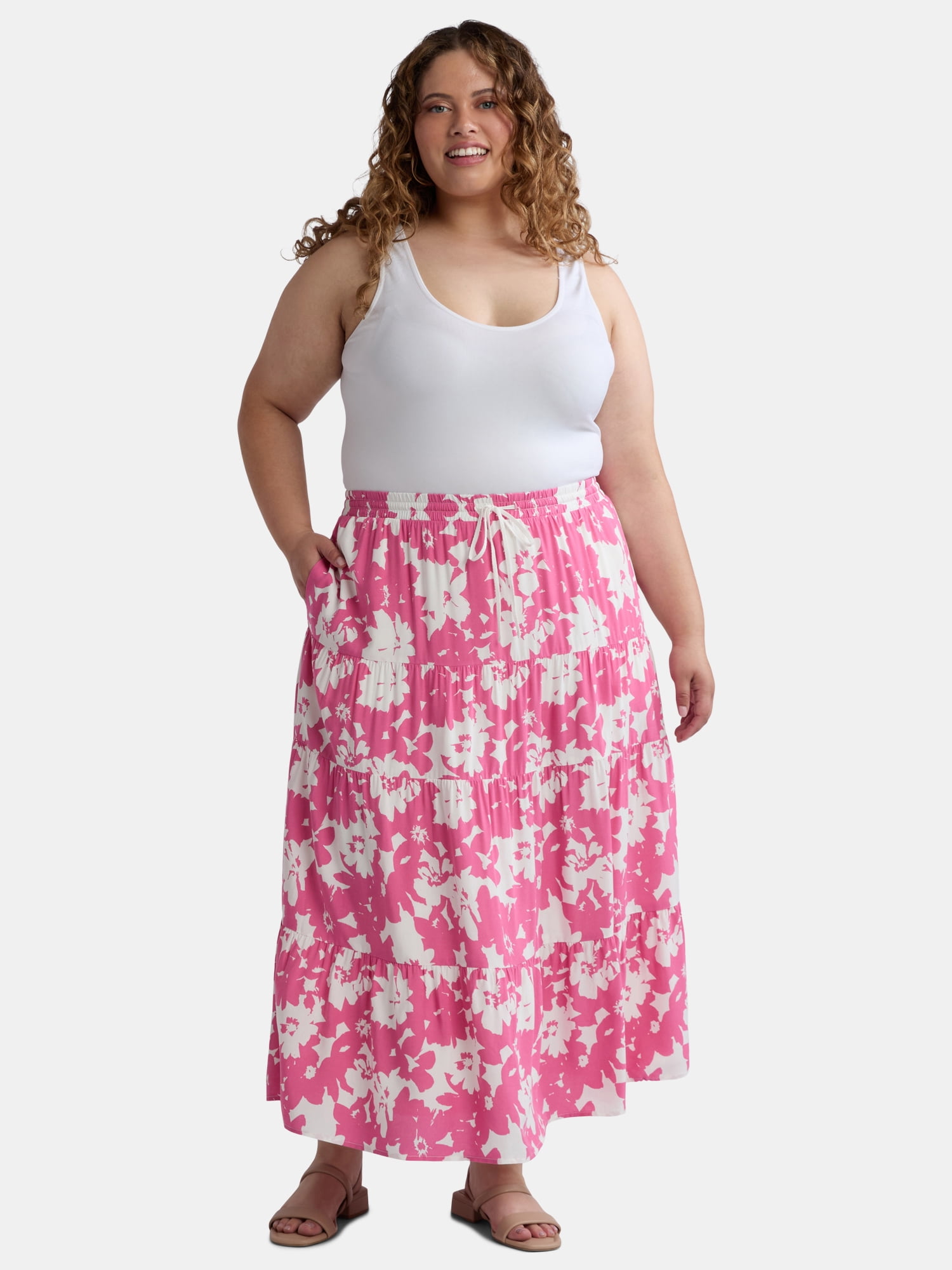 Time and Tru Women’s and Women's Plus Tiered Midi Skirt with Elastic Waistband, Sizes XS-4X