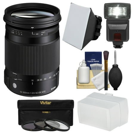 Sigma 18-300mm f/3.5-6.3 Contemporary DC Macro OS HSM Zoom Lens for Canon EOS DSLR Cameras with Flash + Soft Box & Diffuser + 3 UV/CPL/ND8 Filters Kit