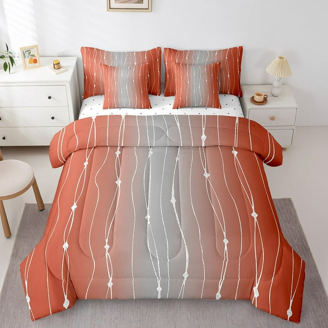 YST Orange and Grey Gradient Ombre Comforter Set, 7-Piece, Wave Lines Dots, Full