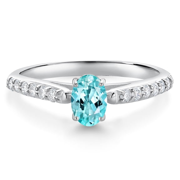 Gem Stone King 10K White Gold Blue Apatite and White Lab Grown Diamond Engagement Ring for Women (0.70 Cttw, Oval 6X4MM, Gemstone Birthstone, Size 9)