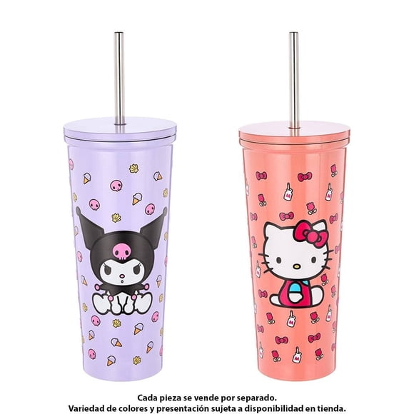 Vaso Hello Kitty de Doble Pared con Tapa y Popote de Acero Inoxidable de 700 ml.