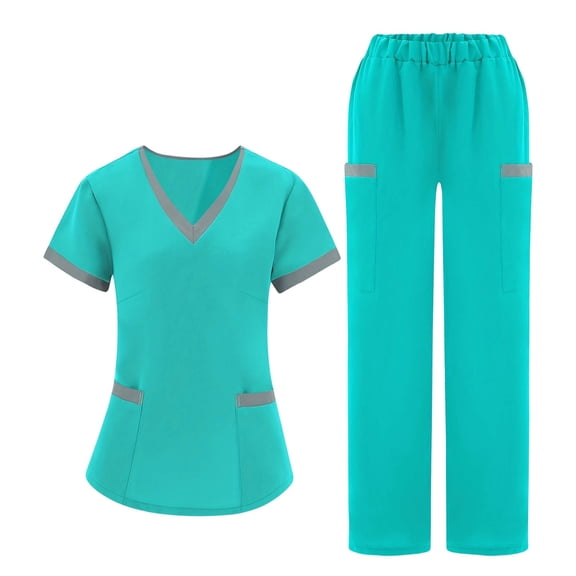 TaTaai Women Scrubs Set Color Block Design Short Sleeve V-Neck Pocket Pants Loose Fit Ladies Medical Work Uniform Daily Working Wear Nurse Caregiver Outfit Gift