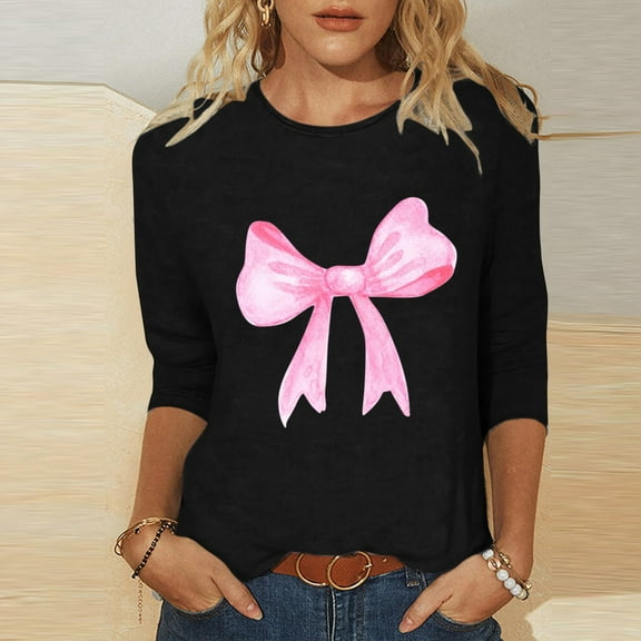 Ayolanni Trendy Tops for Women Crew Neck Black 3/4 Sleeve Bow Tie Pullover Blouses Womens Tshirt L