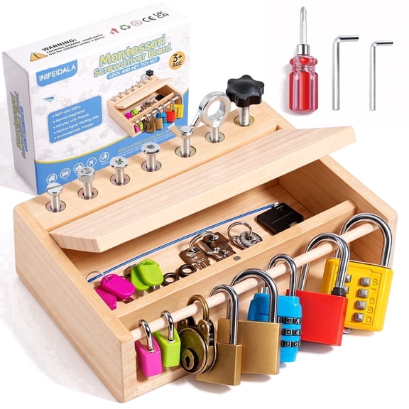 INIFEIDALA Montessori Screwdriver Board Lock and Key Set Kids Tool Set Wooden STEM Preschool Learning Toy for Fine Motor Skills Ages 3-10 1 Pack