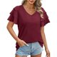 thumbnail image 3 of Camiseta de mujer Color puro cuello en V puños con volantes moda cómoda manga corta Top para oficina hogar citas vino rojo XXL, 3 of 6