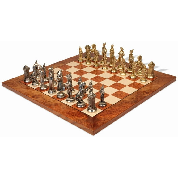 Large Napoleon Metal Chess Set with Elm Burl Chess Board
