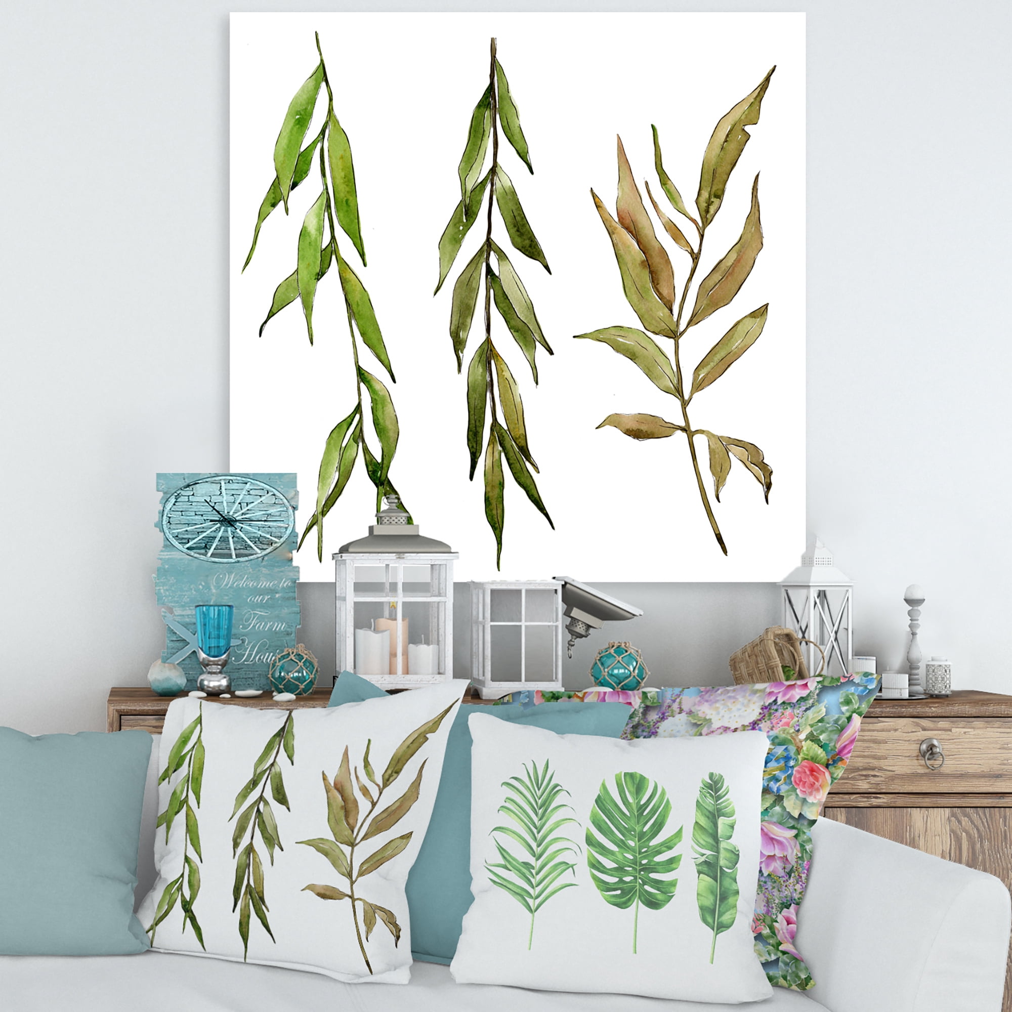 Designart ' Three Willow Branches On White ' Farmhouse Canvas Wall Art Print