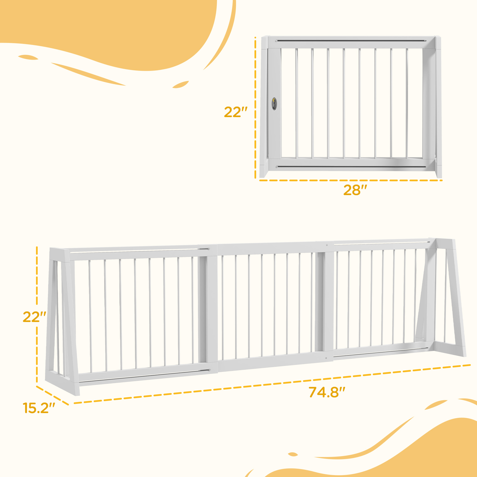 PawHut Freestanding Pet Gate, Wooden Dog Gate with 28"-75" Retractable Length, Support Feet & Non-slip Mats for Indoor, Stairway, Doorway, White