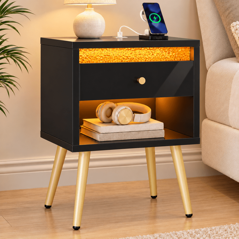 Pinmoco LED Nightstand with Charging Station, Black photo 1