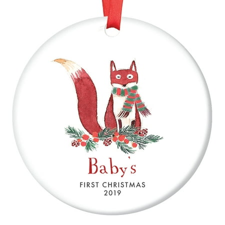 Boy Baby's First Christmas Ornament 2019, Fox Ornament, Woodland Boys Son Babies Newborn Dated Cute Family Foxes Ceramic Present 1st Xmas 3