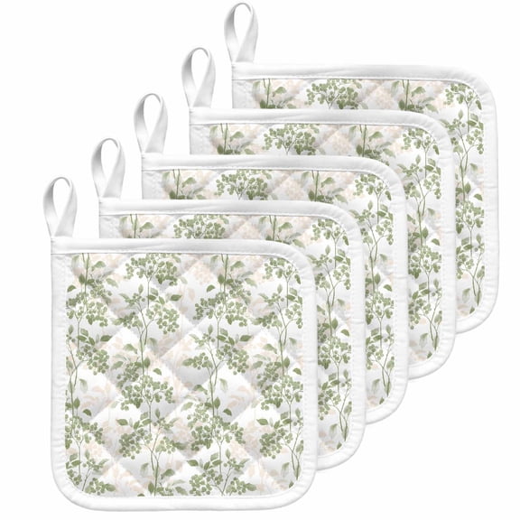 Sage Green Fruit Pot Holders for Kitchen Heatproof Potholder, 5 Pack Vintage Plant Nature Botanical Flower Hot Pads Multipurpose Oven Pads Cloth Potholders Trivet for Cooking Baking