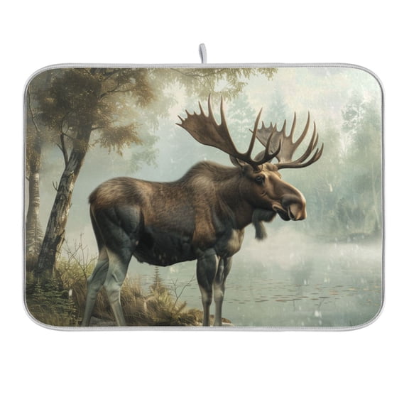 Moose on Misty Lake Dish Drying Mat 16x18 Absorbent Microfiber Draining Rack Pad for Kitchen Counter Sink