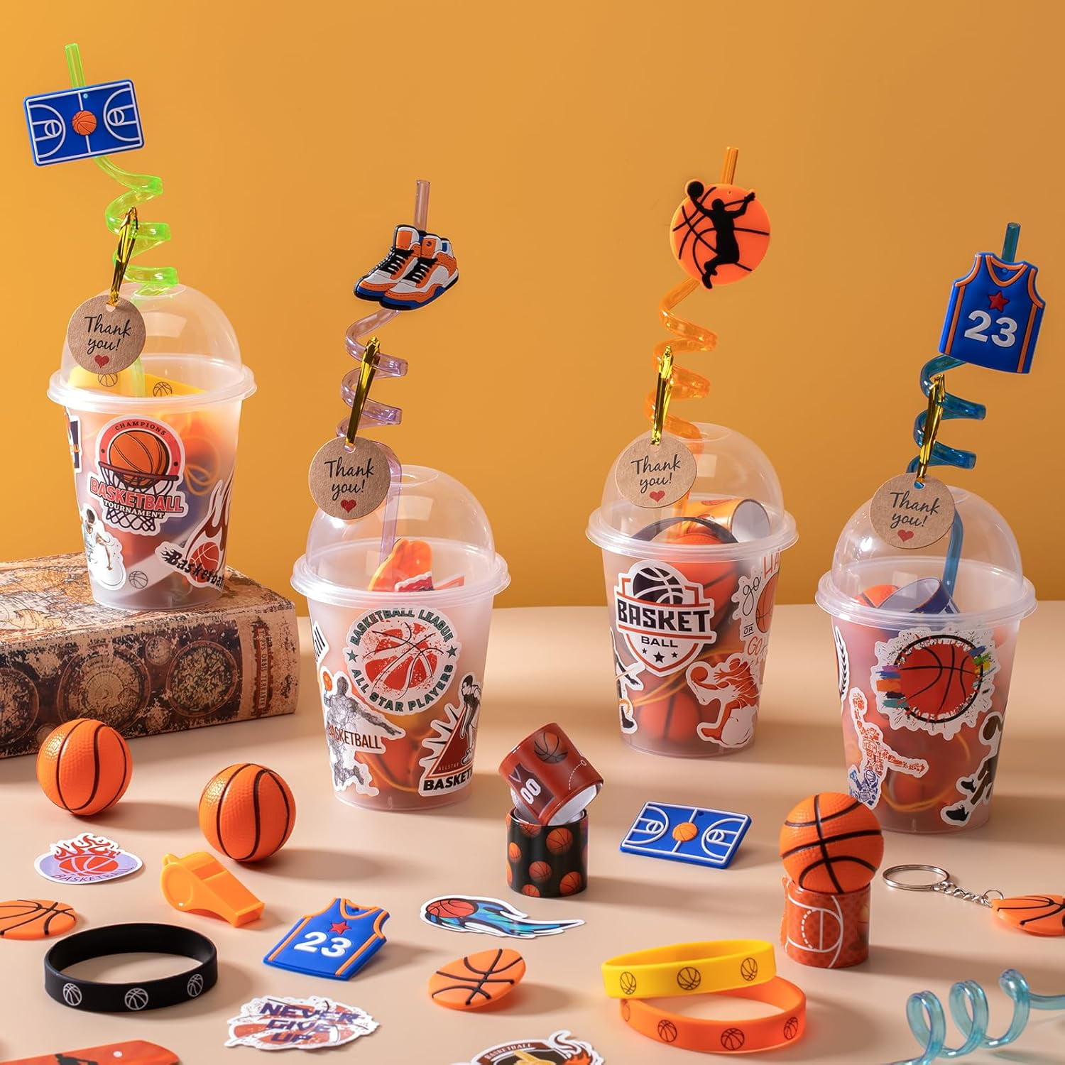 170 Pcs Basketball Party Favors Pack with Cups Straws Stress Ball Silicone Wristbands Slaps Bracelets Keychains Stickers Whistles Thank You Tags Goodie Bags for Basketball Birthday Party Supplies