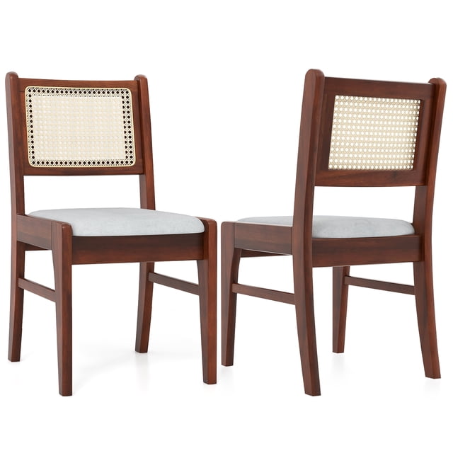 Gymax 2PCS Rattan Dining Chairs Upholstered Kitchen Chairs w/ Rubber Wood Frame