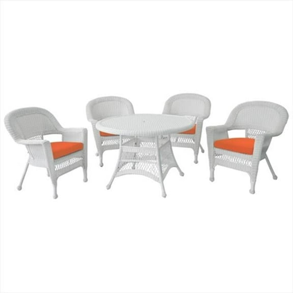 Jeco W00206D-B-G-FS016 5 Piece White Wicker Dining Set - Orange Cushions