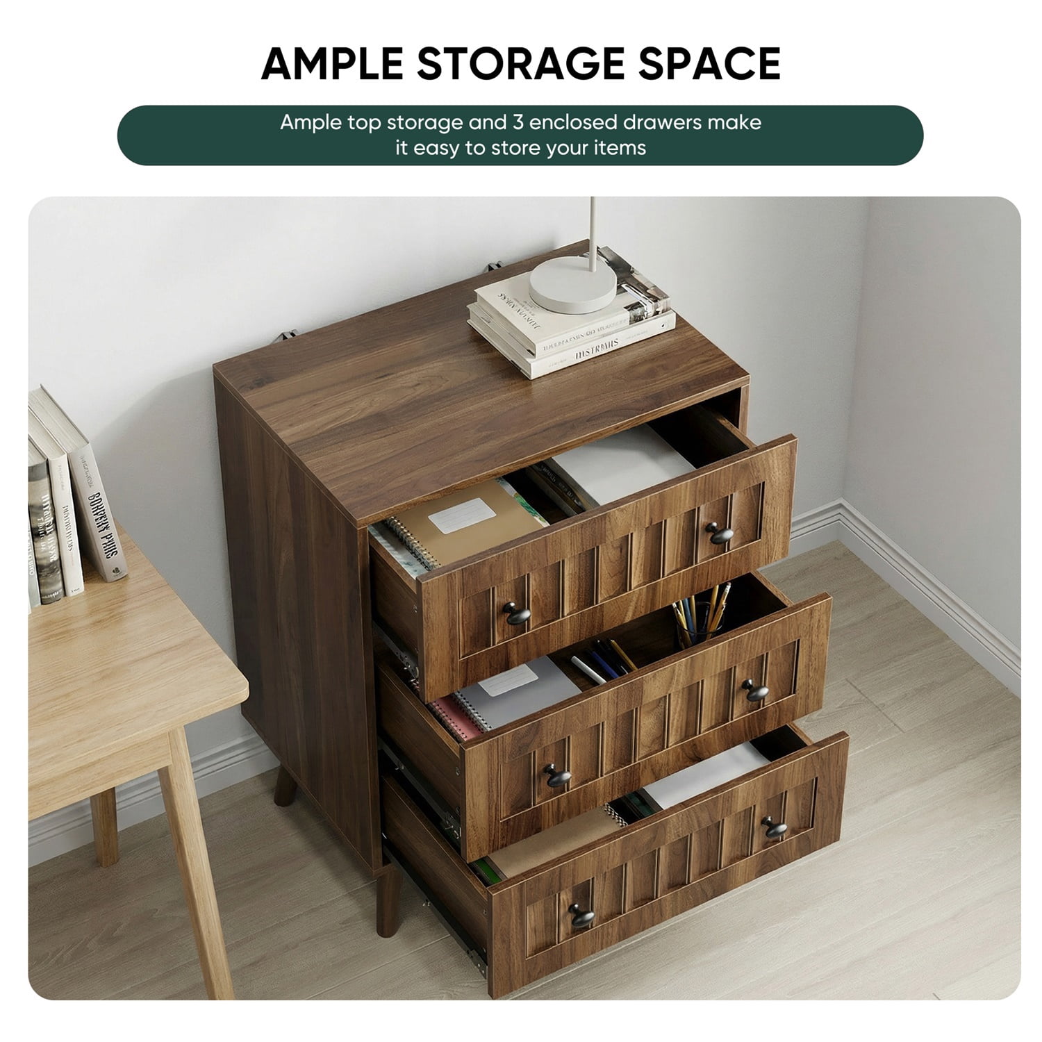Hommoo Modern 3-Drawer Dresser, Wooden Dresser Storage Cabinet Chest of Drawers, for Living Room, Bedroom, Walnut