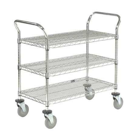 Nexel 3 Shelf Utility Cart Chrome 30""W x 24""D x 39""H Poly Casters4 Swivel