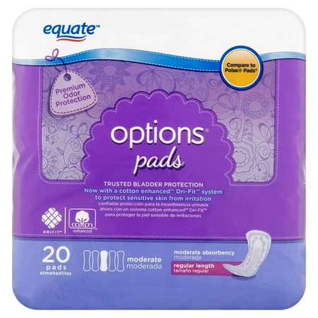 Equate Options Incontinence Pads for Women, Moderate, Regular Length ...