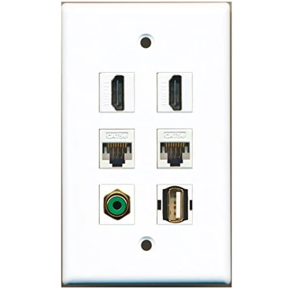 RiteAV - 2 HDMI 1 Port RCA Green 1 Port USB A-A 2 Port Cat5e Ethernet White Wall Plate