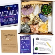 DANCING BEAR'S ROCKS Sagittarius Zodiac Healing Crystals Gift Set (14 Pc): 9 Stones, 18K Gold-Plated Constellation Necklace, Meteorite