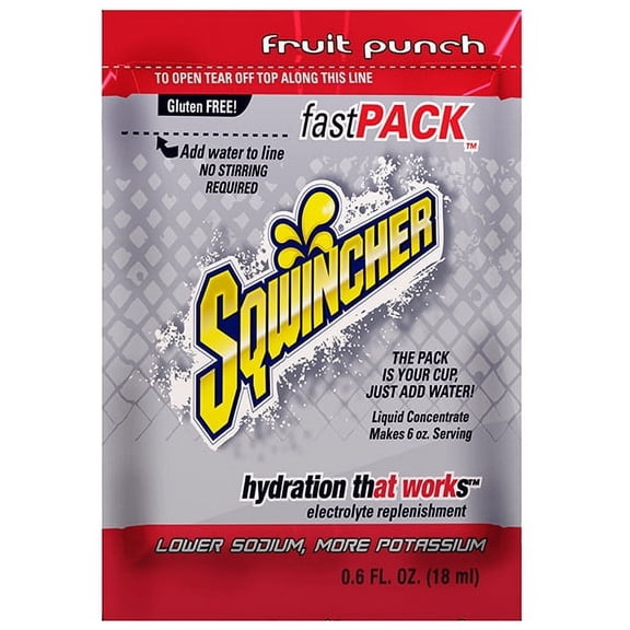 Sqwincher FastPack Single Serve, 0.6 oz Packs, 6 oz Yield, Fruit Punch, 4 Boxes/50 Each