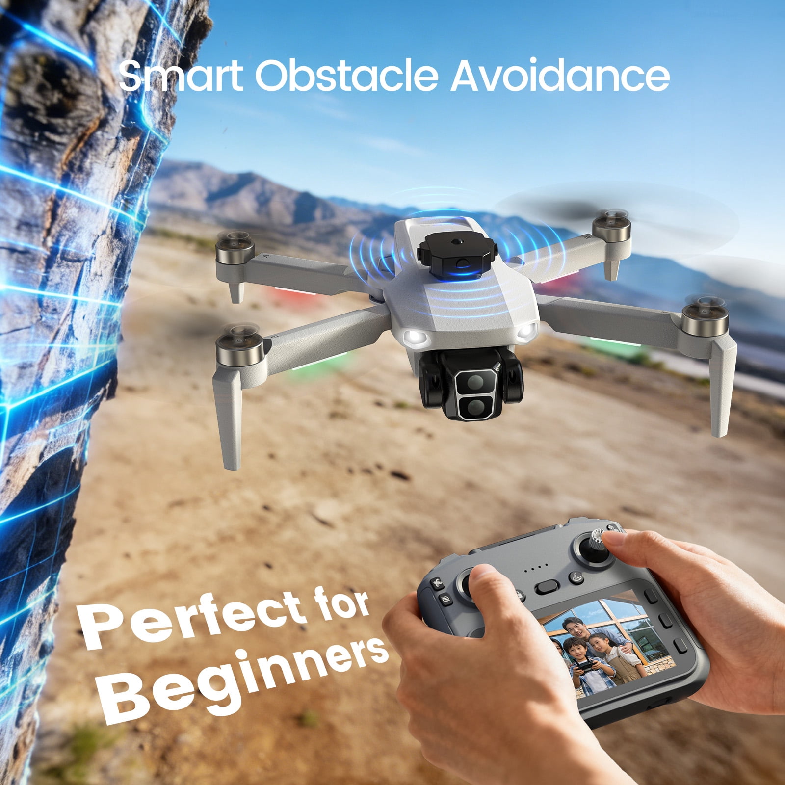 Foldable Drone Built-in LCD Screen on Remote, Wefone L106 GPS Drones with Camera for Adults 4K, Lightweight, Under 249g, 2 Batteries, Gray