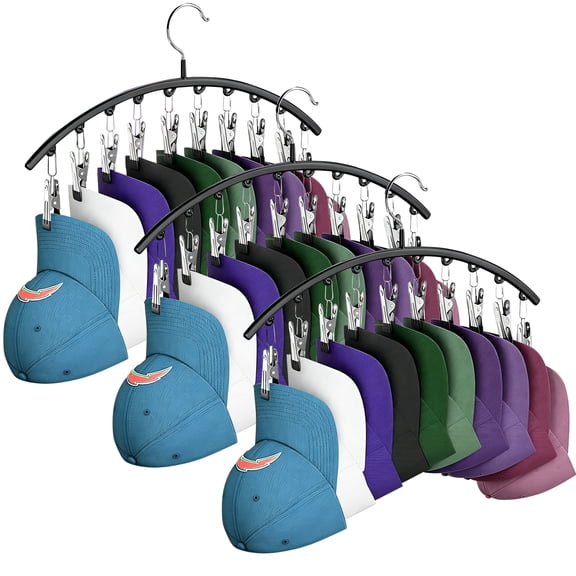 LJSXFI Hat Rack for Closet 3 Pack, Metal Hat Organizer Holder for Hanger Closet Display, Hat Hangers for Baseball Caps with 10 Clips, Space‑Saving Baseball Cap Storage Holder