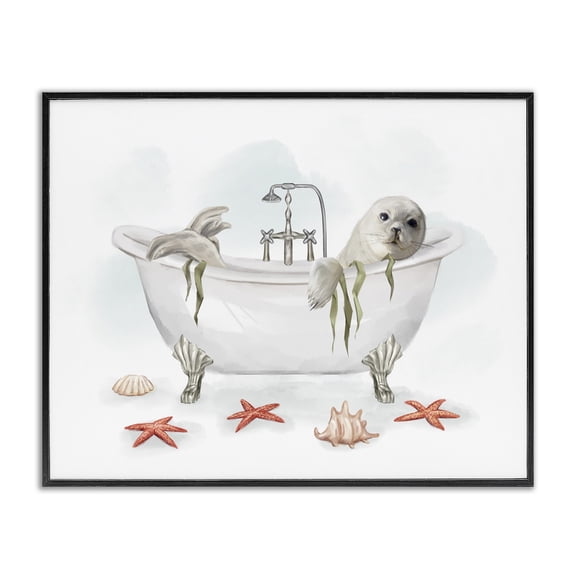 Stupell Industries Cottage White Harp Seal Ocean Inspired Bath Animal Black Framed Giclee Art, 14 x 11, by Ziwei Li
