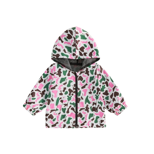 Chaqueta infantil con bolsillos, estampado de camuflaje, cierre de cremallera frontal, capucha y manga larga.