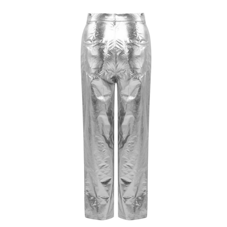 Womens Shiny Metallic High Waist Stretchy Straight Leg Pants