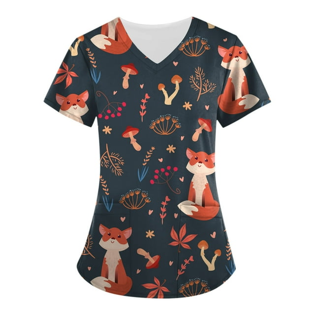 EGNMCR Tuniques Médicales pour Femmes Mode pour Femmes Manches Courtes Col en V Hauts Uniforme de Travail Imprimé avec Poche Blouse Hauts Cadeaux pour Femmes
