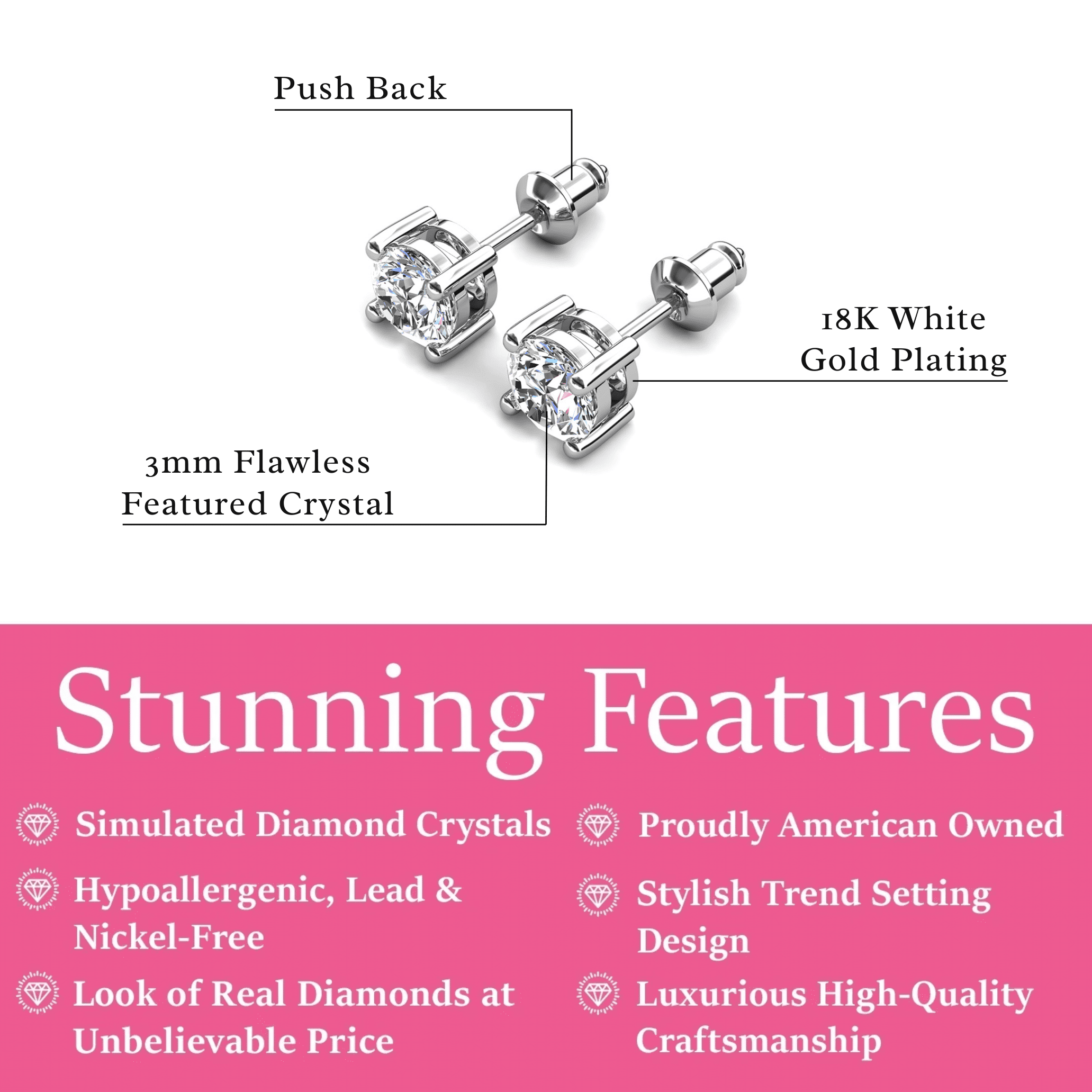 Cate & Chloe Mia 18k White Gold Plated Stud Earrings with 0.5ct Simulated Diamonds Gift for Women