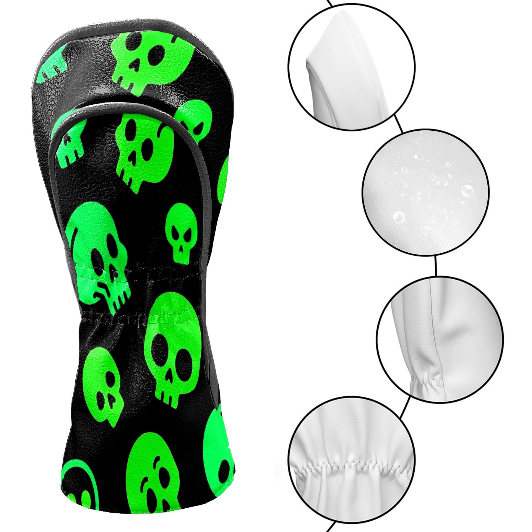 Golf Club Covers, Green Skeleton Premium PU Leather Driver Hybrid Putter Head Covers with Velvet Lining, Waterproof Golf Gifts for Men Women