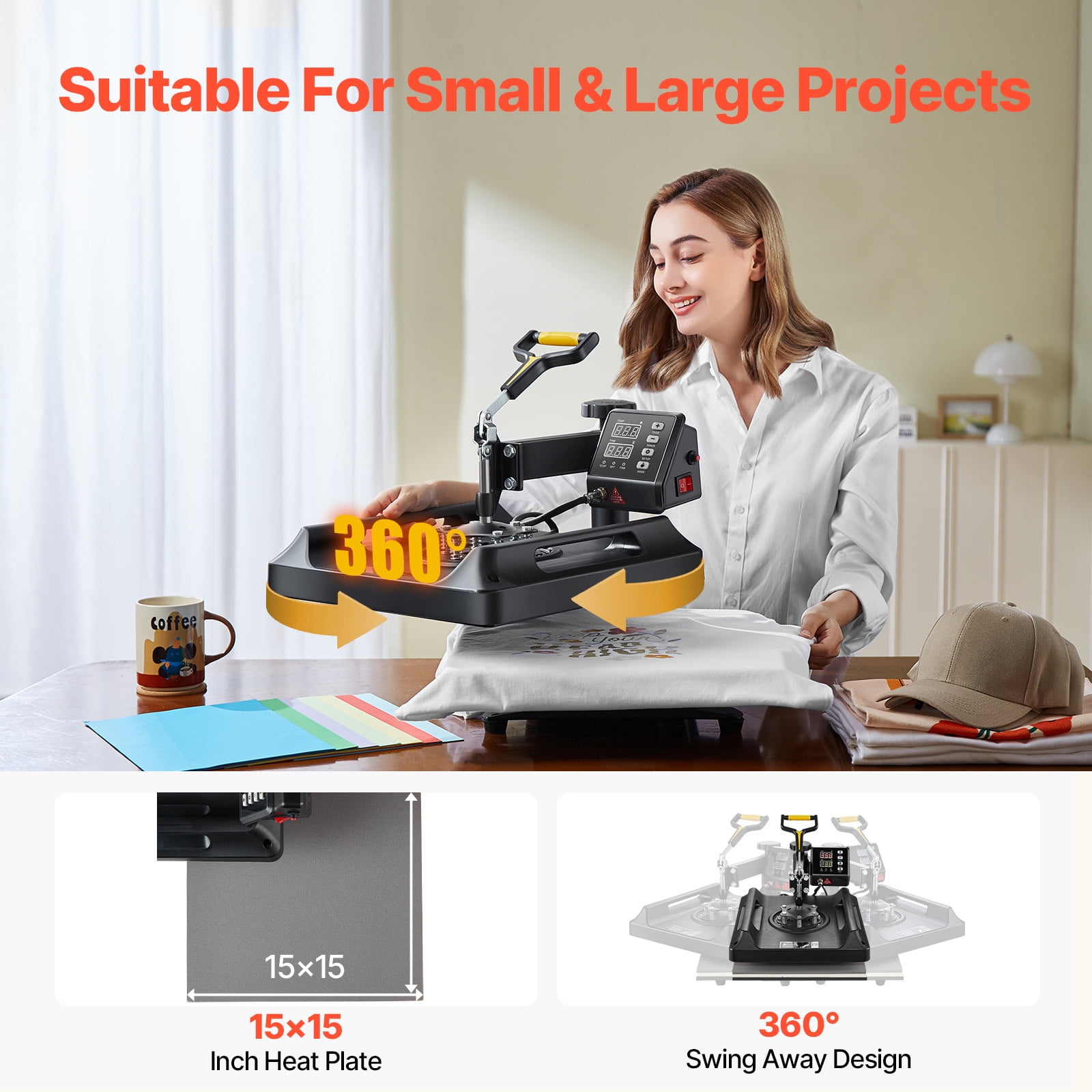 KFFKFF 8-in-1 Heat Press Machine with 15x15 Inch Plate, Swing-Away Design, Digital Control for T-Shirt, Hat, Mug, Plate Printing, Multifunctional Sublimation Transfer Tool, Black