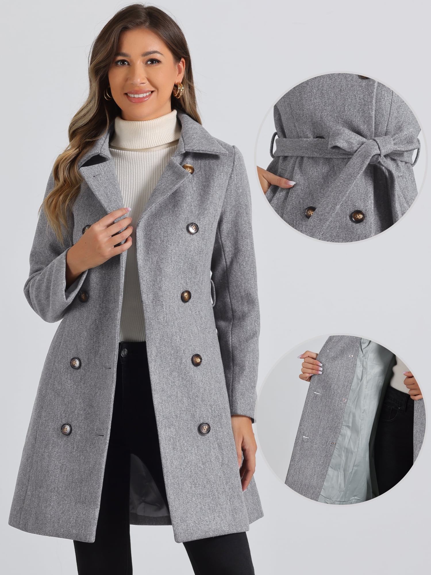 DARING DIVA Women's Double Breasted Slant Pocket Button Down Belted Coats Grey L
