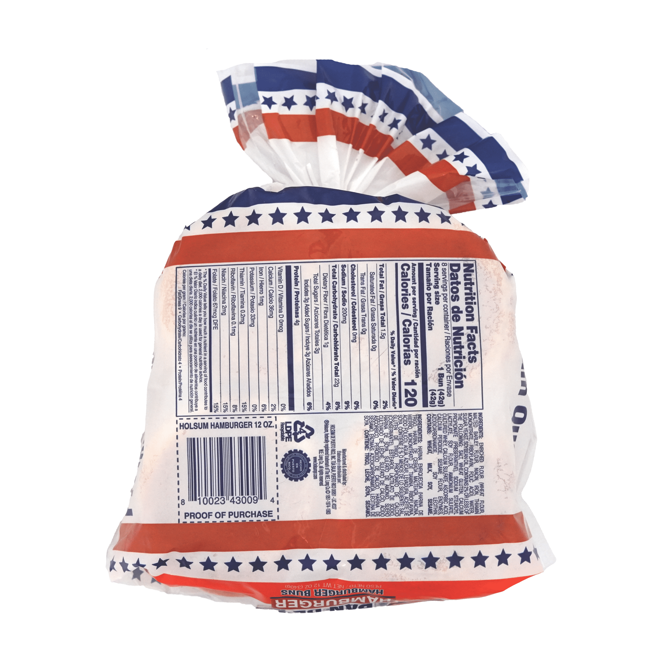 Holsum, Hamburger Bun, Regular, Pre Sliced, 12 oz, 8 Count, Shelf Stable