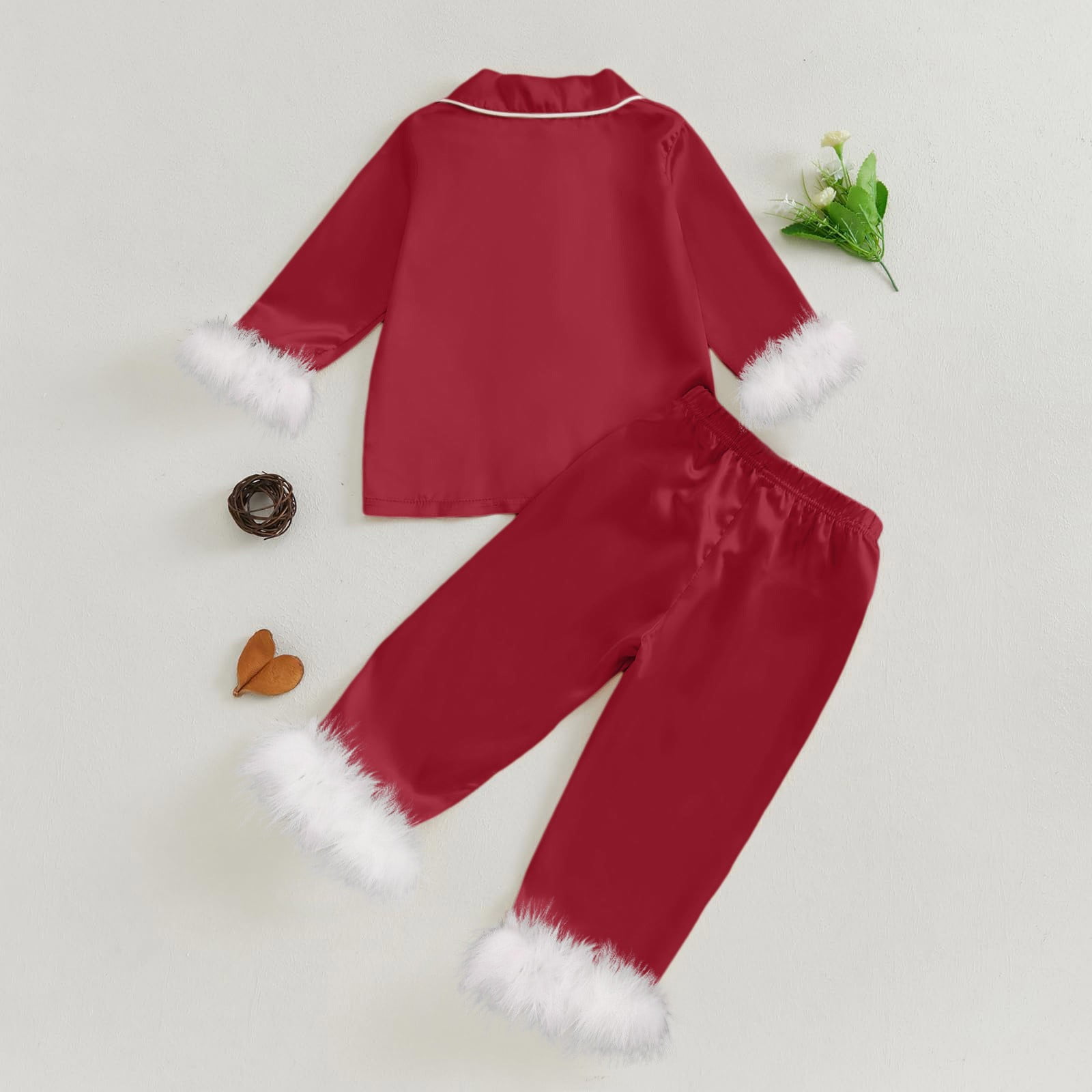 newwalpole Kids Toddler Girl Satin Pajamas Fuzzy Trim Long Sleeve Button Down Shirt Top and Pants 2pcs Pjs Sets Sleepwear Red for Size 9-10 Years