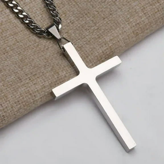 EOEMY Polished Big Cross Pendant Necklace 316L Stainless Steel Men Women Cuban Chain-Silver-34Inch Or 86Cm