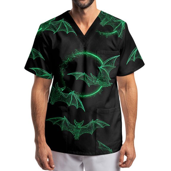 Men's Halloween Scrub Tops V-Neck Short Sleeve Bat Sky Cloud Print Medical Uniform with Chest Pocket Relaxed Fit Workwear Tunic Black L