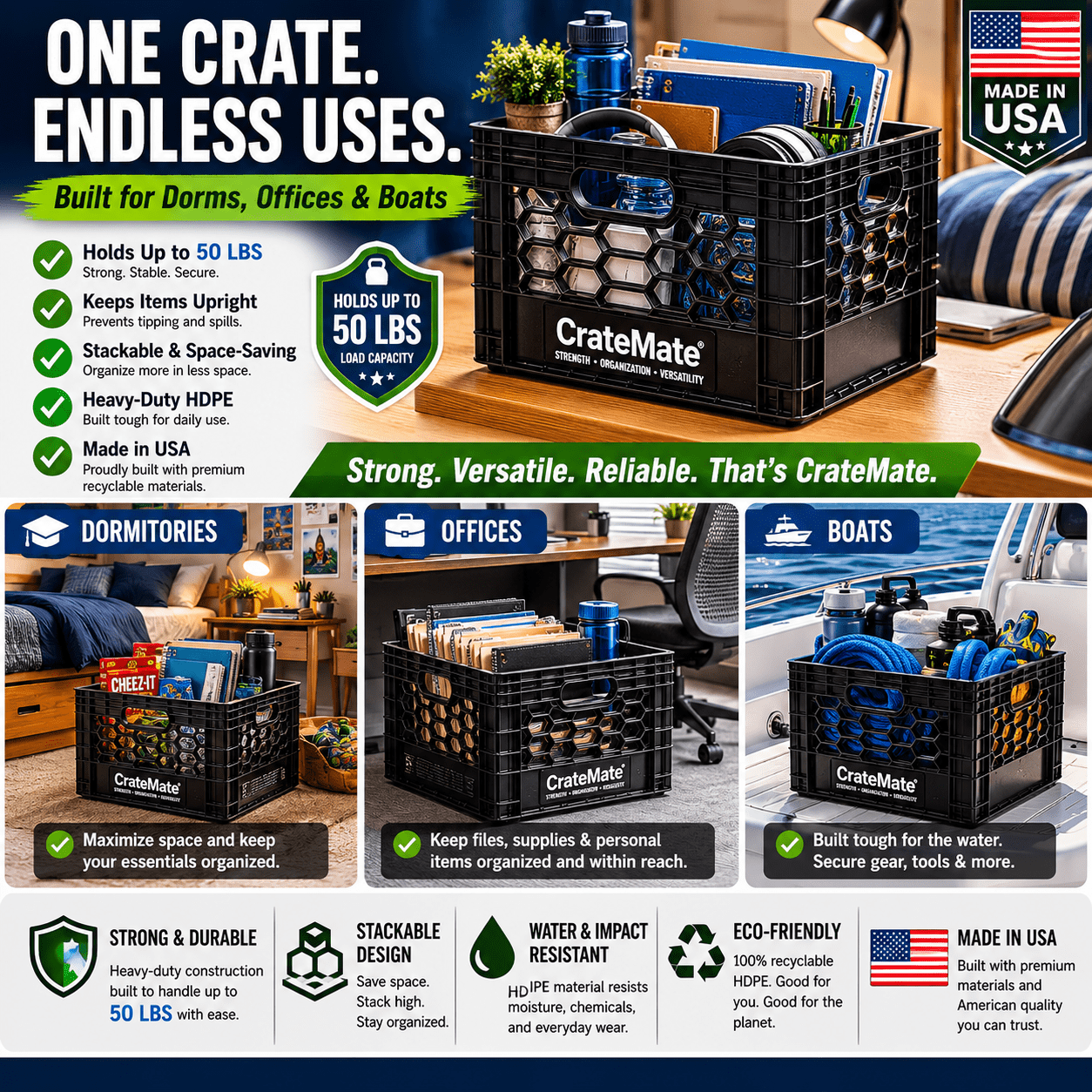 CrateMate Heavy-Duty Black Milk Crates for Storage, Organization, & More - Versatile & Durable Stackable 24QT 18.75" x 13" x 11" 3PK